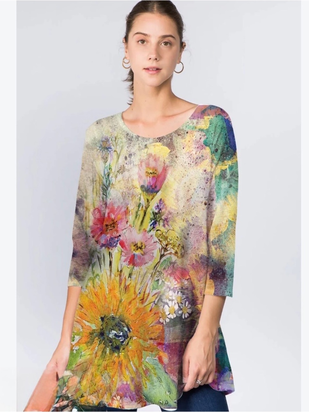 Watercolor Floral Scoop-Neck Tunic Top - Multicolor